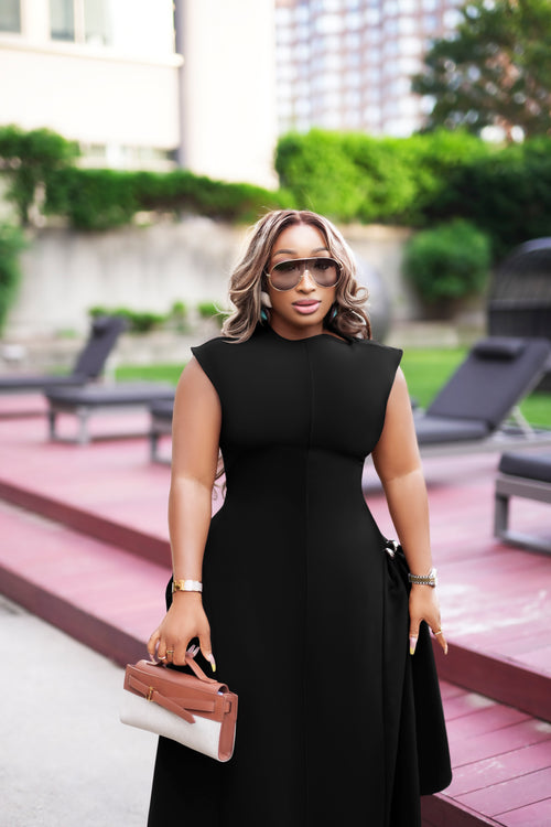 Brown Sugar- Fit/Flare Asymmetric Midi Dress/W Brooch (New)(2 colors)
