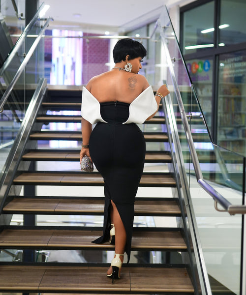 Couture Crown Elegance- Gemstone Off shoulder BANDAGE Dress (New)