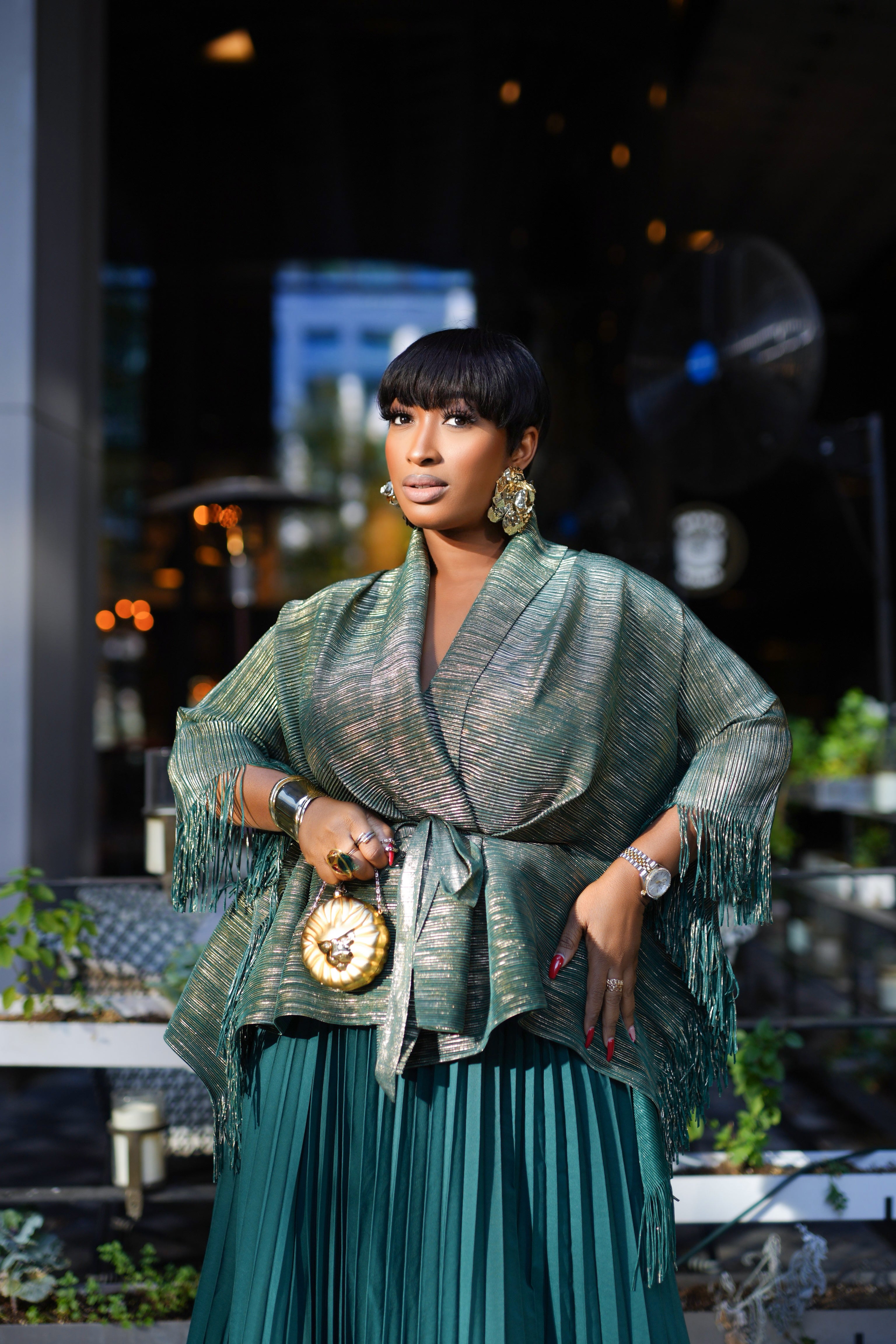 Goldie Belle Charm - Overlay Plisse TASSEL Blouse & Pleated Skirt