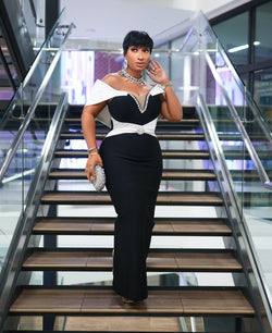 Couture Crown Elegance- Gemstone Off shoulder BANDAGE Dress (New)