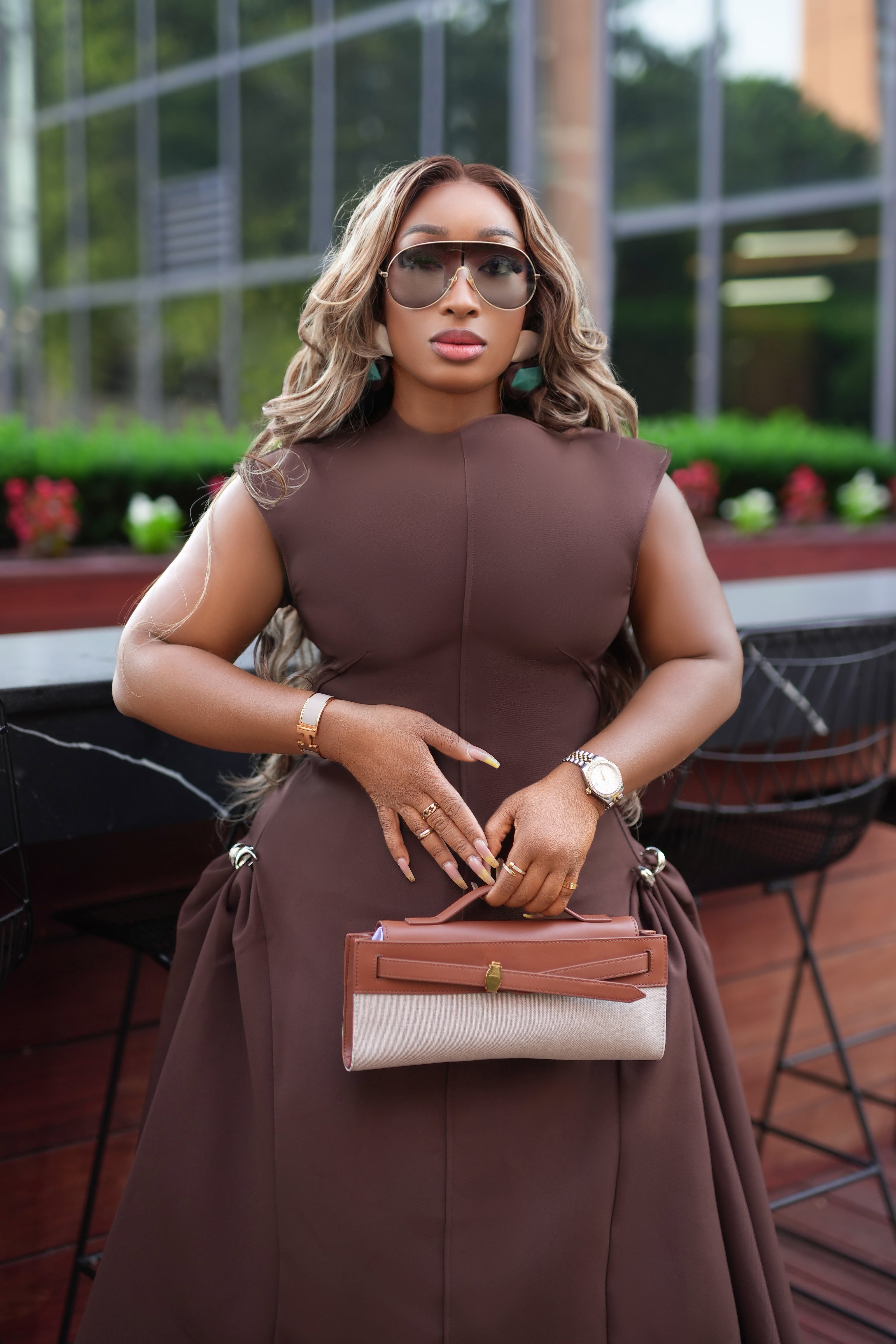 Brown Sugar- Fit/Flare Asymmetric Midi Dress/W Brooch (New)(2