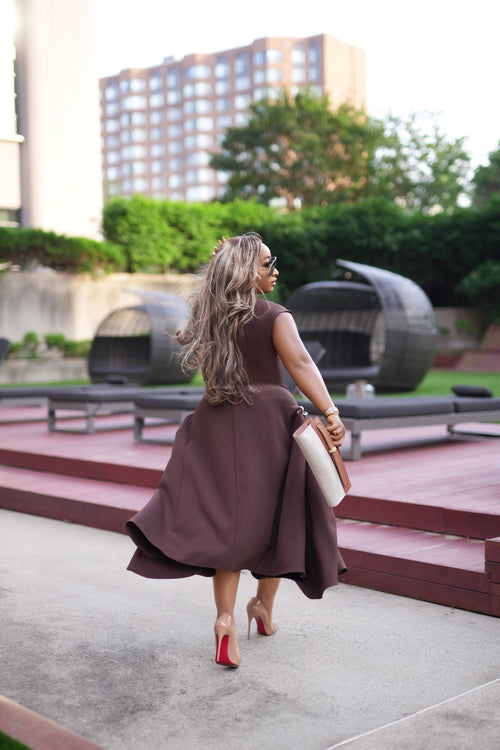 Brown Sugar- Fit/Flare Asymmetric Midi Dress/W Brooch (New)(2 colors)