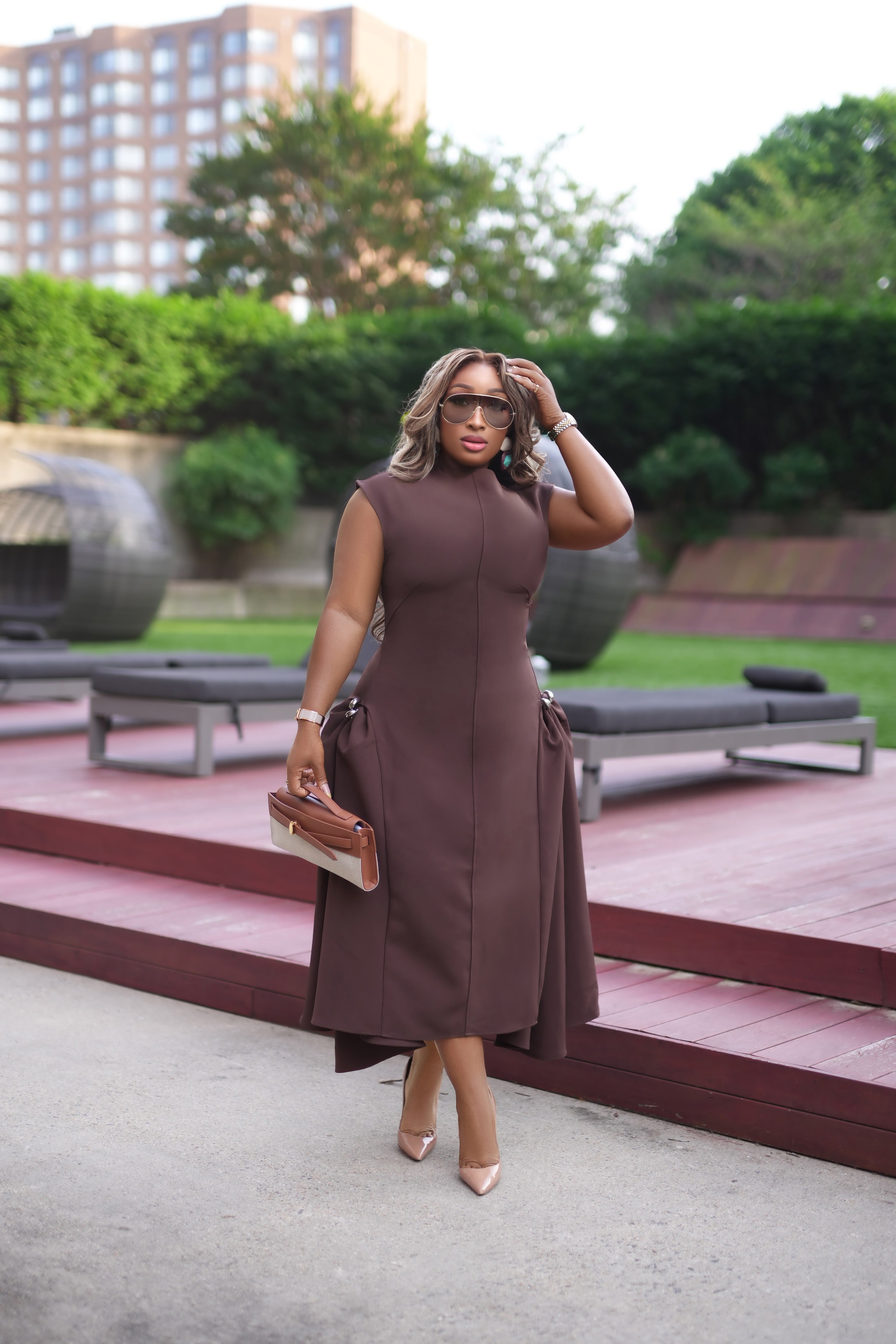 Brown Sugar- Fit/Flare Asymmetric Midi Dress/W Brooch (New)(2