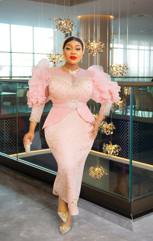 Peachy Blush Luxe- 3D Beads/Gemstone Mesh Embellished Dress/Belt (New!)