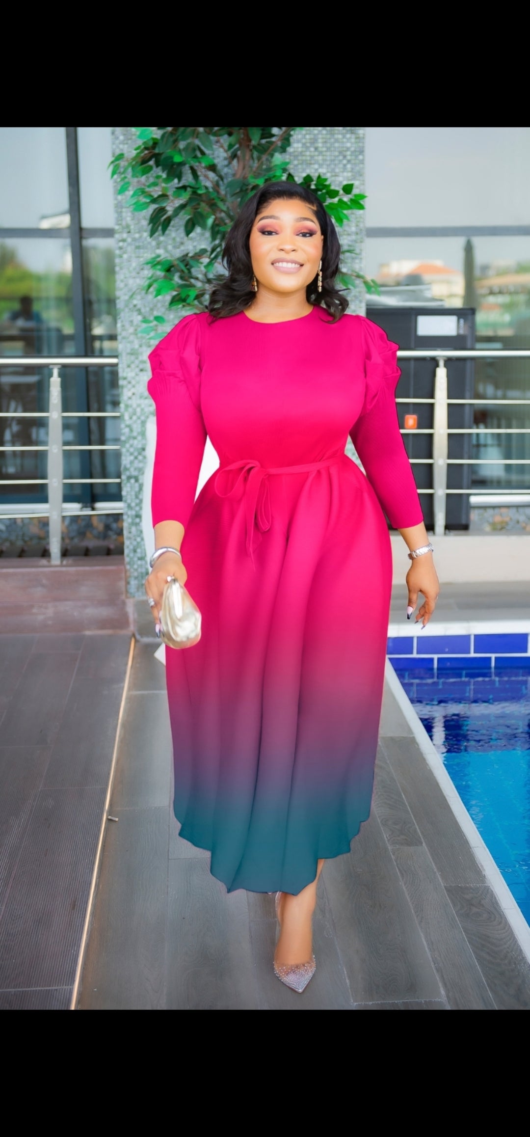 women's ombr belted pleat-skirt long-sleeve dress women's ombr belted pleat-skirt long-sleeve dress Lady Beauty- Ombre Pleats Fit and Flare Long Length Dress/Belt (NEW)