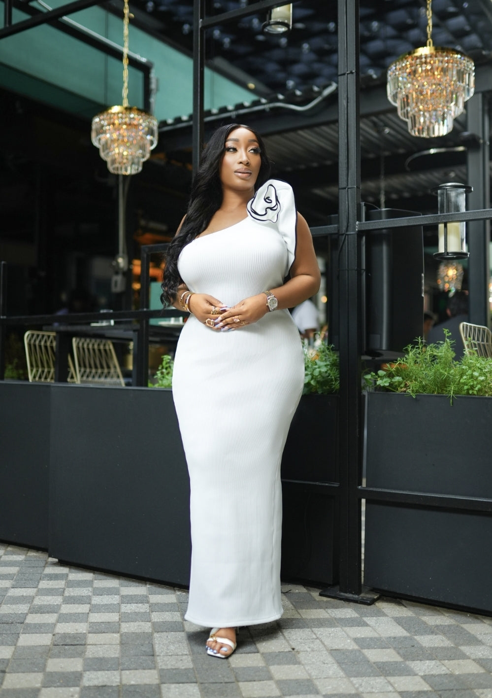 Angelic Rosette Queen- Ribbed One Sleeve Bodycon Dress (New)