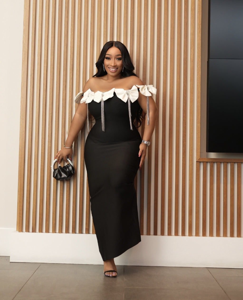 Starlit Radiance Queen- Draping Rhinestones Off shoulder BANDAGE