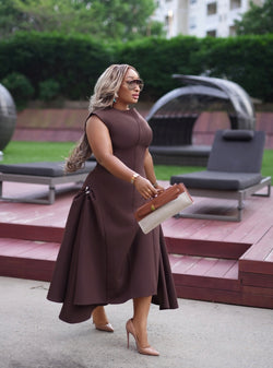 Brown Sugar- Fit/Flare Asymmetric Midi Dress/W Brooch (New)(2 colors)