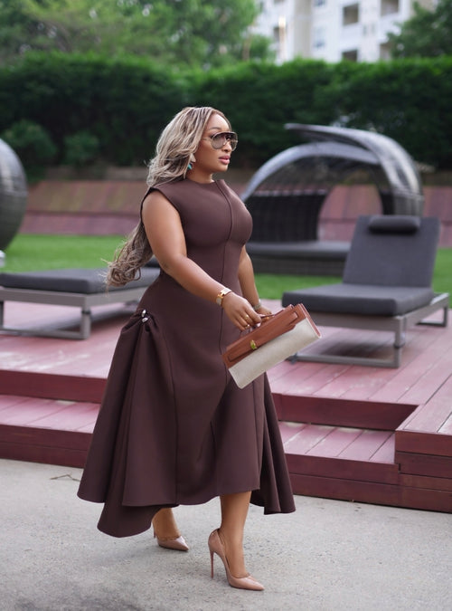 Brown Sugar- Fit/Flare Asymmetric Midi Dress/W Brooch (New)(2 colors)