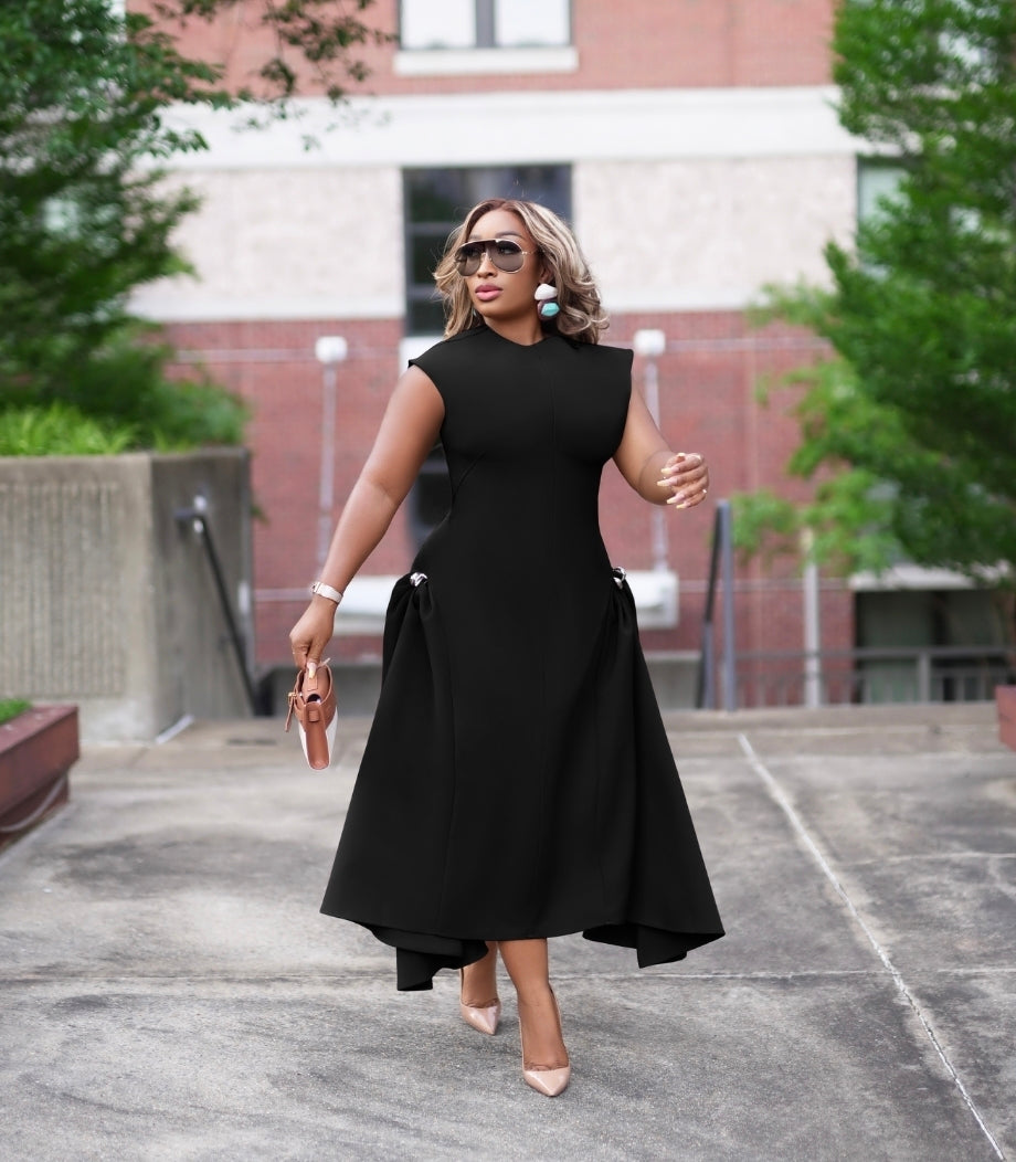 Brown Sugar- Fit/Flare Asymmetric Midi Dress/W Brooch (New)(2