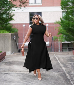 Brown Sugar- Fit/Flare Asymmetric Midi Dress/W Brooch (New)(2 colors) – DivAbby