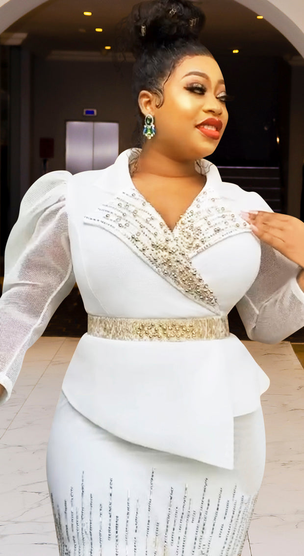 Ritzy Queen Luxe- 3D Gemstone/Beads Embellished Mesh Peplum Blouse/Skirt SET