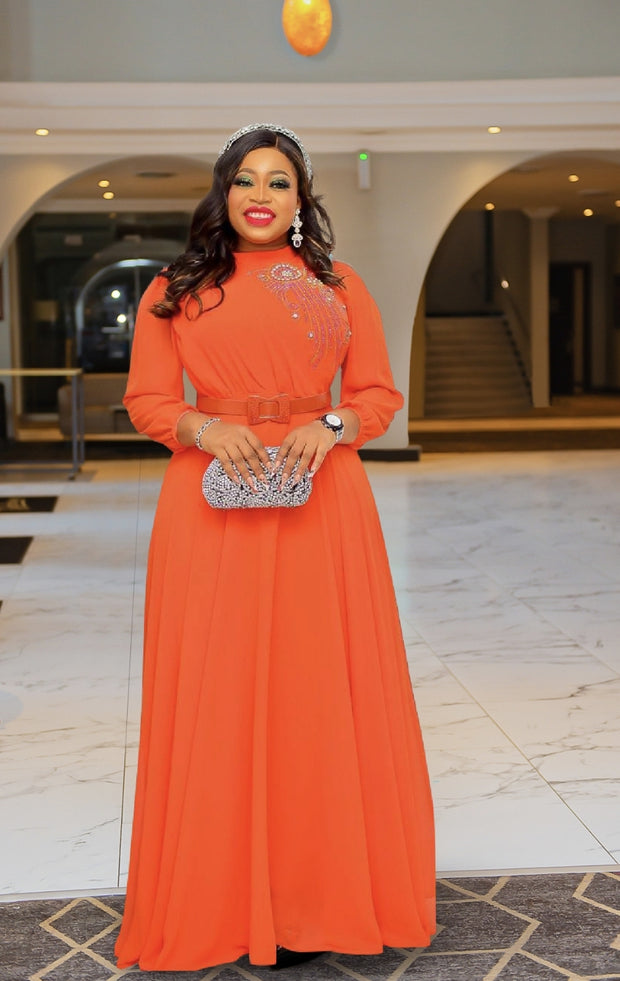 Upscale Queen Vibes- 3D Rhinestone Embellished Maxi Dress (New)