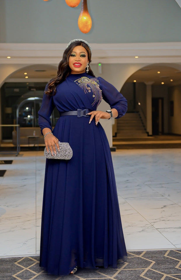 Upscale Queen Vibes- 3D Rhinestone Embellished Maxi Dress (New)