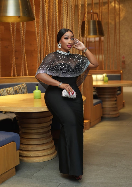 Opulent Sparkle Queen- 2pcs Bustier Tube Dress with Gemstone Mesh Cape SET
