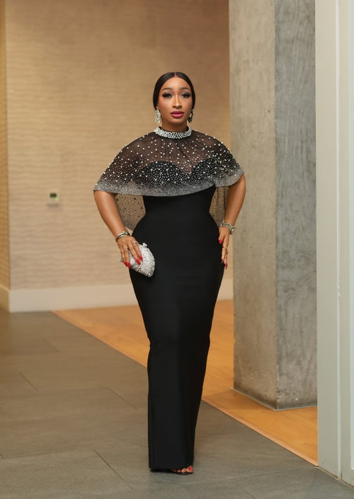 Opulent Sparkle Queen- 2pcs Bustier Tube Dress with Gemstone Mesh Cape SET