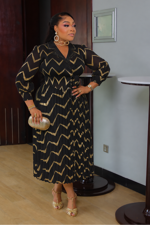 Liora black and gold zigzag Miyake pleated midi dress with V-neck collar, long sleeves and tie waist – DivAbby