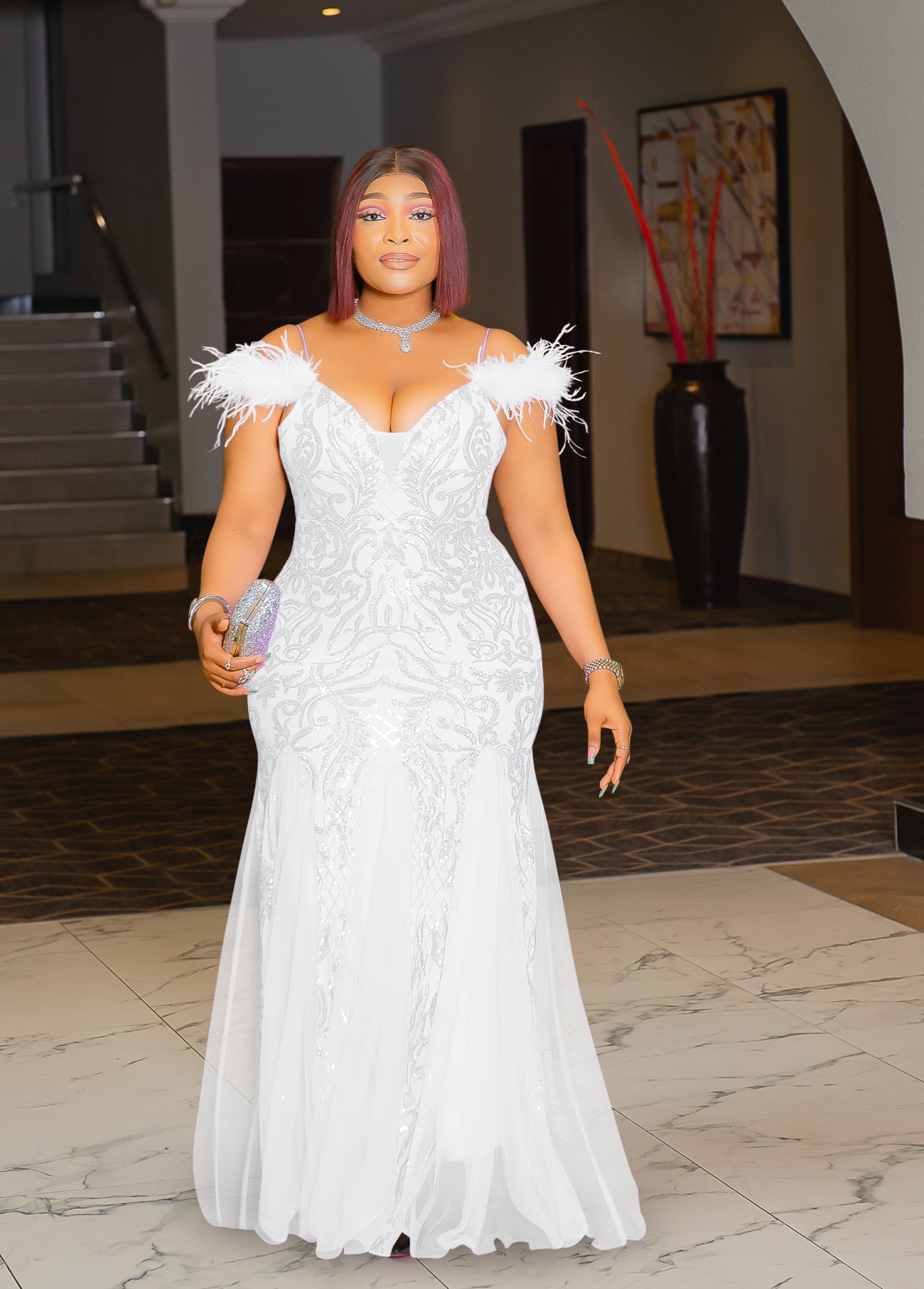 Glimmering Queen Luxe- Feathers/Mesh/Sequin Floor Length Dress (3 colo DivAbby Glimmering Queen Luxe- Feathers/Mesh/Sequin Floor Length Dress (3 colo DivAbby