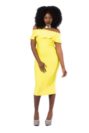 FINAL SALE! Damaris- Ruffles Off The Shoulder Bodycon Bandage Midi dress (Final Sale! No Return! No Exchange!)