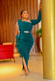 Gina Luxe- Draping Rhinestone Ruffle Slit Dress (NEW)
