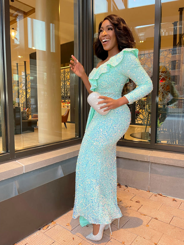 FINAL SALE! Kalysta Luxe- One Sleeve Sequin Floor Length Dress (CLEARANCE OUTLET! Final Sale/No Return/No Exchange!)