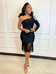 FINAL SALE! Leylah Fringe- One Sleeve Rhinestone Embellished Bandage Dress (CLEARANCE OUTLET! Final Sale/No Return/No Exchange!)