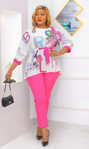FINAL SALE! SOLD AS IS! Newyork Fortune Diva- 2pcs Blinged Floral Print Tunic/Pant Set (CLEARANCE OUTLET! Final Sale/No Return/No Exchange!)