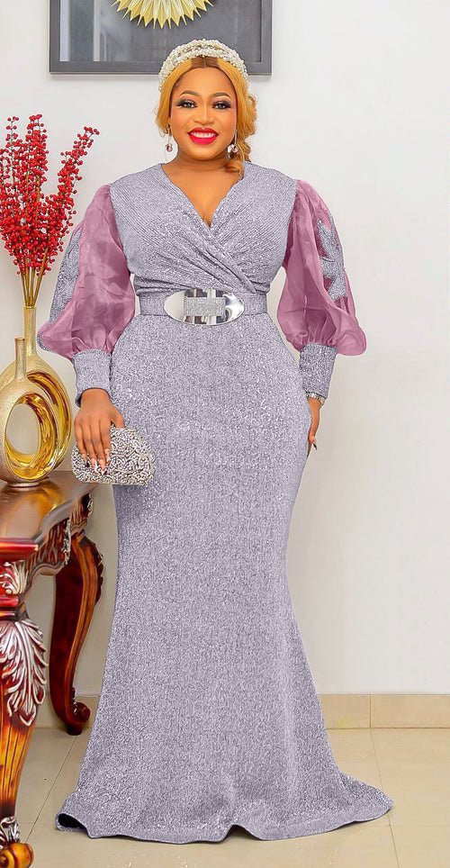 Tiannah Haute- Rhinestone Lantern Sleeve Floor Length Dress/with BELT (New)
