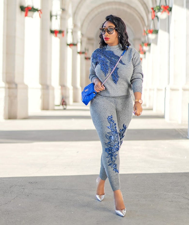 Lettie- 2 pcs Embellished Sweater Tracksuit Set (NEW)