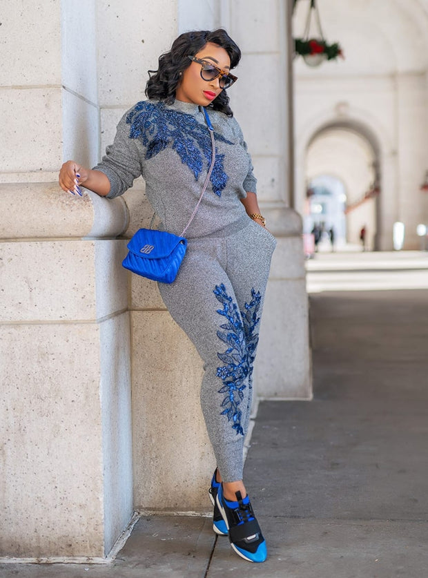 Lettie- 2 pcs Embellished Sweater Tracksuit Set (NEW)