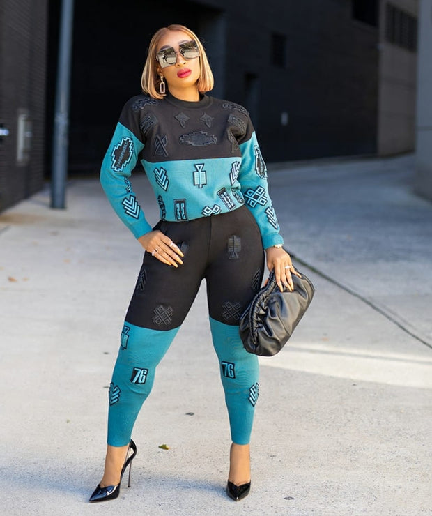 Ebony Blue- 3D Patch Embroidery Sweater Tracksuit Set (NEW)