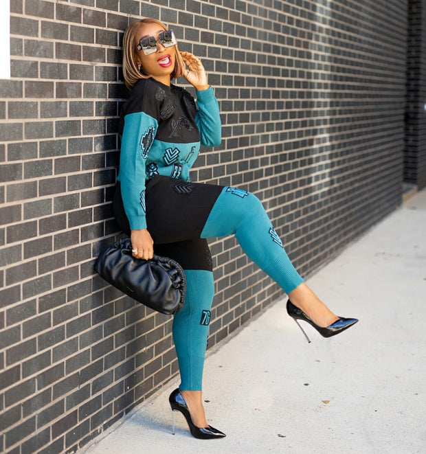 Ebony Blue- 3D Patch Embroidery Sweater Tracksuit Set (NEW)