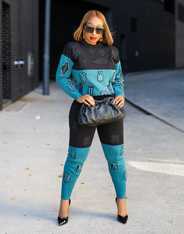 Ebony Blue- 3D Patch Embroidery Sweater Tracksuit Set (NEW)