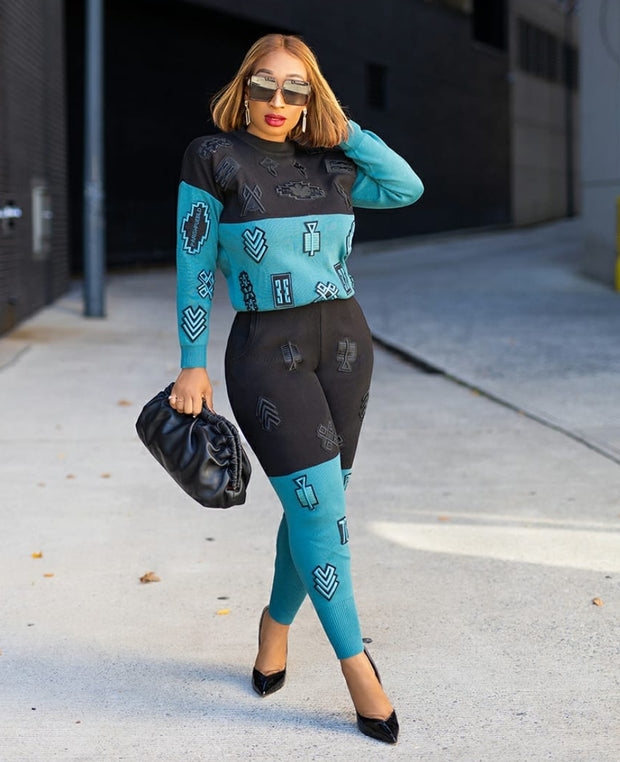Ebony Blue- 3D Patch Embroidery Sweater Tracksuit Set (NEW)