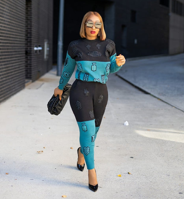 Ebony Blue- 3D Patch Embroidery Sweater Tracksuit Set (NEW)