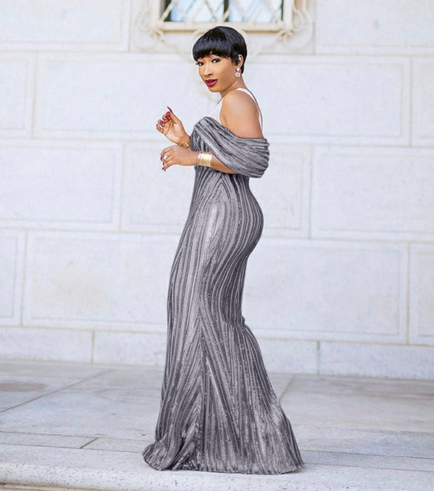 Mandy Luxe- Cold Shoulder Mesh/Sequin Floor Length Dress (New)