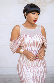 Mandy Luxe- Cold Shoulder Mesh/Sequin Floor Length Dress (New)