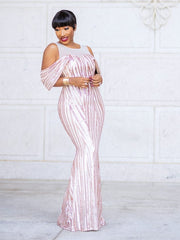 Mandy Luxe- Cold Shoulder Mesh/Sequin Floor Length Dress (New)