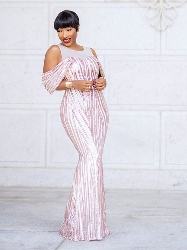 Mandy Luxe- Cold Shoulder Mesh/Sequin Floor Length Dress (New)