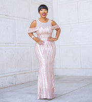 Mandy Luxe- Cold Shoulder Mesh/Sequin Floor Length Dress (New)