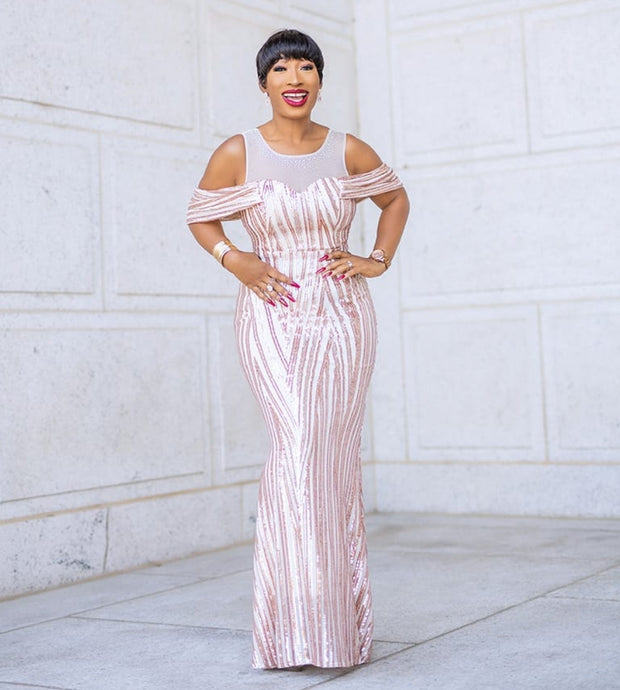 Mandy Luxe- Cold Shoulder Mesh/Sequin Floor Length Dress (New)