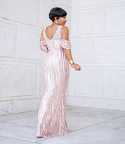 Mandy Luxe- Cold Shoulder Mesh/Sequin Floor Length Dress (New)