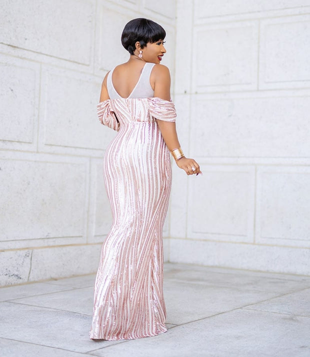 Mandy Luxe- Cold Shoulder Mesh/Sequin Floor Length Dress (New)