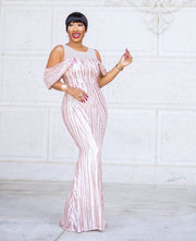 Mandy Luxe- Cold Shoulder Mesh/Sequin Floor Length Dress (New)