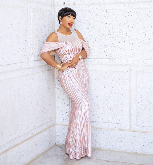 Mandy Luxe- Cold Shoulder Mesh/Sequin Floor Length Dress (New)
