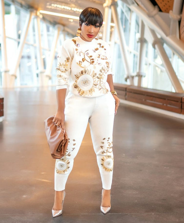 Goldie- 2 pcs Embellished Sweater Tracksuit Set (NEW)