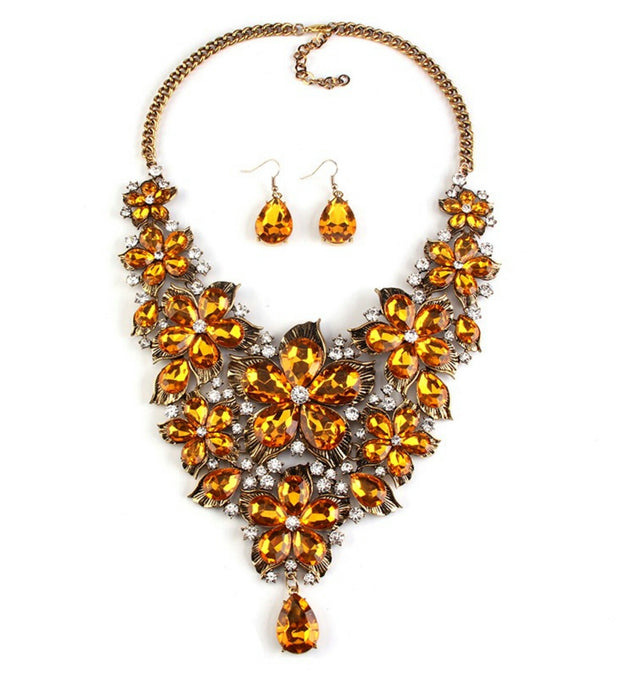 Berylia- Golden Yellow Chunky crystal petal statement necklace and earring set