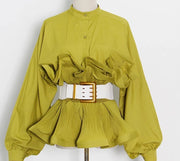 Rufflemania- Double Peplum Detail LONG SLEEVE Blouse (BELT IS INCLUDED)