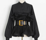 Rufflemania- Double Peplum Detail LONG SLEEVE Blouse (BELT IS INCLUDED)