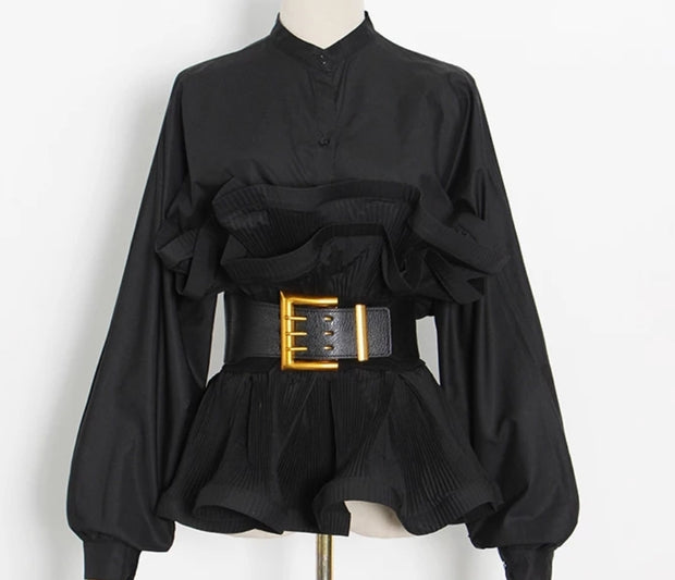 Rufflemania- Double Peplum Detail LONG SLEEVE Blouse (BELT IS INCLUDED)